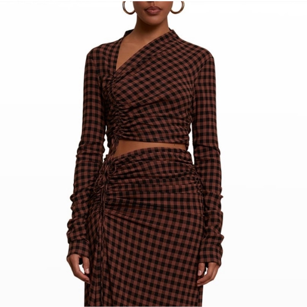 A.L.C. Oryn Asymmetric Ruched Checked Crepe Top